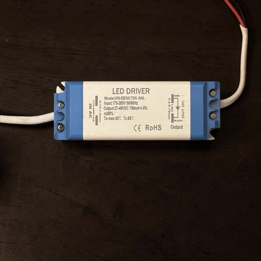 [Model:RS-EB3675N ANL
LED DRIVER
Input:175-265V 50/60Hz
Output:27-48VDC 750mA+/-5%
n>88%
Ta max:45°C Tc:85°C
CE ROHS] LED Driver (Plastic Case) — 36W, 750mA