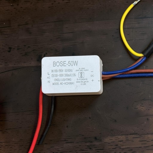 [BOSE-50W
IN:165-260V 50/60HZ
OU:80-160V 300mA+5%
OKEL LIGHTING
MODEL NO-HC2436A1
1S 15060
(PART 2SEC US22N2
R-41040410
www.bis.gov.in
0128] LED Driver (Plastic Case) — 50W, 300mA
