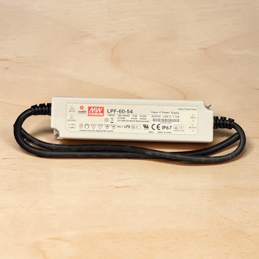 [MEAN WELL LPF-60-54
HB34B32826
TAIWAN EXCELLENCE 2012
INPUT: 100-240VAC 0.8A 50/60Hz 277VAC 0.32A 50/60Hz (277VAC for North America only)
SELV LPS E334687
Suitable for use in Dry, Damp and Wet Locations
Class 2 Power Output Class 2 Power Supply
OUTPUT: + 54V = 1.12A
tc: 75°C ta:50°C
CE IP67 MW 01 MADE IN CHINA KYOWA CO., LTD.] LED Driver — منويل, 60W, 1120mA