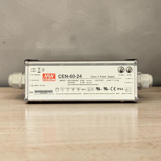 [MW MEAN WELL CEN-60-24
Class 2 Power Supply
INPUT: 100-240VAC 0.8A
50/60Hz
277VAC 0.3A 50/60Hz (277VAC for North America only)
OUTPUT: +24V - 2.5A
tc:80°C ta:50°C
SELV
S/N: HB25129379
For use in Dry or Damp Locations Only (UL879)
E320521 E334687
Lus CE IP66
Suitable for use in Dry, Damp and Wet Locations (UL8750) MW01
KYOWA CO., LTD. MADE IN CHINA] LED Driver — منويل, 60W, 2500mA