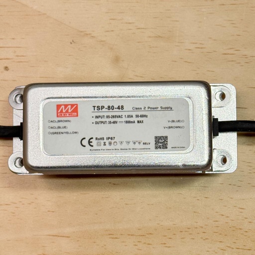 [JM MV WELL TSP-80-48
Class 2 Роwеr Supply
INPUT: 85-265VAC 1.05A 50-60Hz
OUTPUT: 35-48V - 1800mA MAX
CE ROHS IP67 SELV
Sultable For use in Dry, damp Or Wet Locations
MADE IN CHINA] LED Driver — منويل, 80W, 1800mA