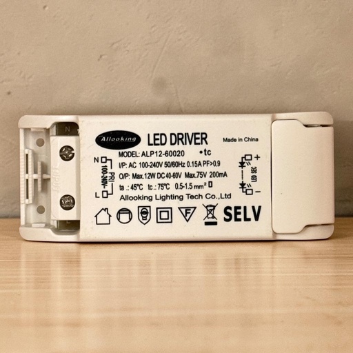 [Allooking LED DRIVER Made in China
MODEL: ALP12-60020
I/P: AC 100-240V 50/60Hz 0.15A PF>0.9
O/P: Max.12W DC 40-60V Max.75V 200mA
LED SEC
ta.: 45°C tc.: 75°C 0.5-1.5 mm
Allooking Lighting Tech Co.,Ltd
SELV F] درايفر 12 وات - اللوكينج 200 مللي امبير