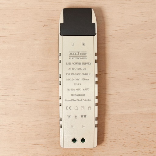 [ALLTOP ELECTRONICS
LED POWER SUPPLY
AT10C1700-25
PRI:100-240V~50/60Hz
SEC: 24-36V 1700mA PF:0.9
Ta: -20 to +65°C tc:75°C
SEL.V-equivalent
Thermal,Short Circuit Protection.] درايفر 60 وات - اللتوب 1700 مللي امبير