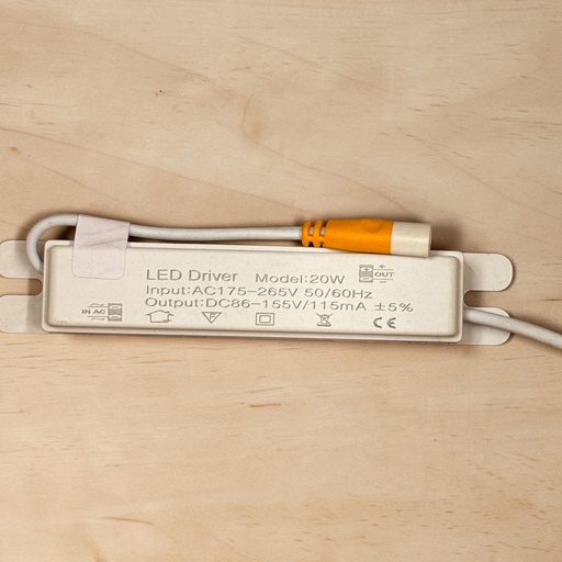 [LED Driver Model:20W
Input:AC175-265V 50/60Hz
Output:DC86-155V/115mA +5% سوكت بلفونيره] LED Driver (Plastic Case) — 20W, 115mA