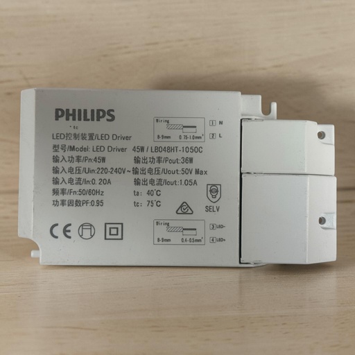 [Model: LED Driver 45W /LB048HT-1050C
PHILIPS • 1c
LED控制装置/LED Driver
输入功率/Pn:45W
输出功率/Pout:36W
输入电压/Uin:220-240V~
输出电压/Uout:50V Max
输入电流/In:0.20A
输出电流/lout:1.05A
频率/Fn:50/60Hz
功率因数PF:0.95
ta: 40°C tc: 75°C] درايفر 45 وات - فيليبس 1050 مللي امبير