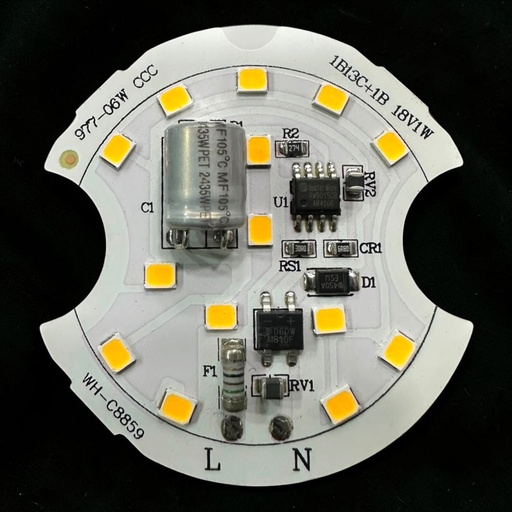 [977-06W CCC WH-C8859 1B13C+1B 18V1W] LED Board (Mains) — 9W, Warm White, 1B13C