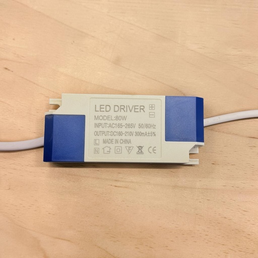 [LED DRIVER
MODEL:80W
INPUT:AC165-265V 50/60Hz
OUTPUT:DC160-210V 300mA+5%
MADE IN CHINA] LED Driver (Plastic Case) — 80W, 300mA